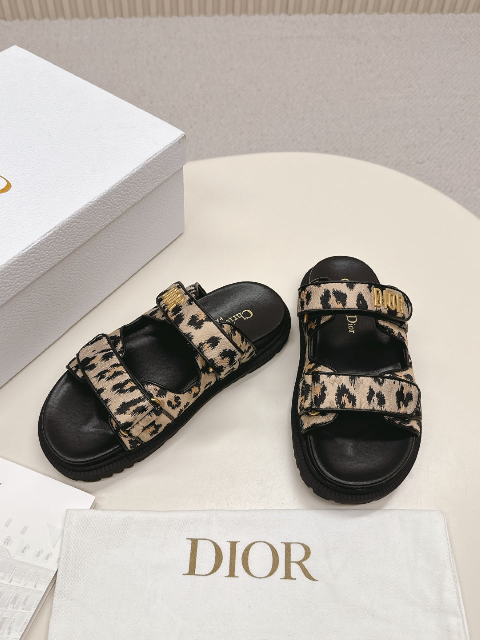 DIOR CLASSIC DOUBLE-STRAP SLIDES 25S IN BROWN MIX BLACK FABRIC AND CALFSKIN WITH LEOPARD PRINT - 35