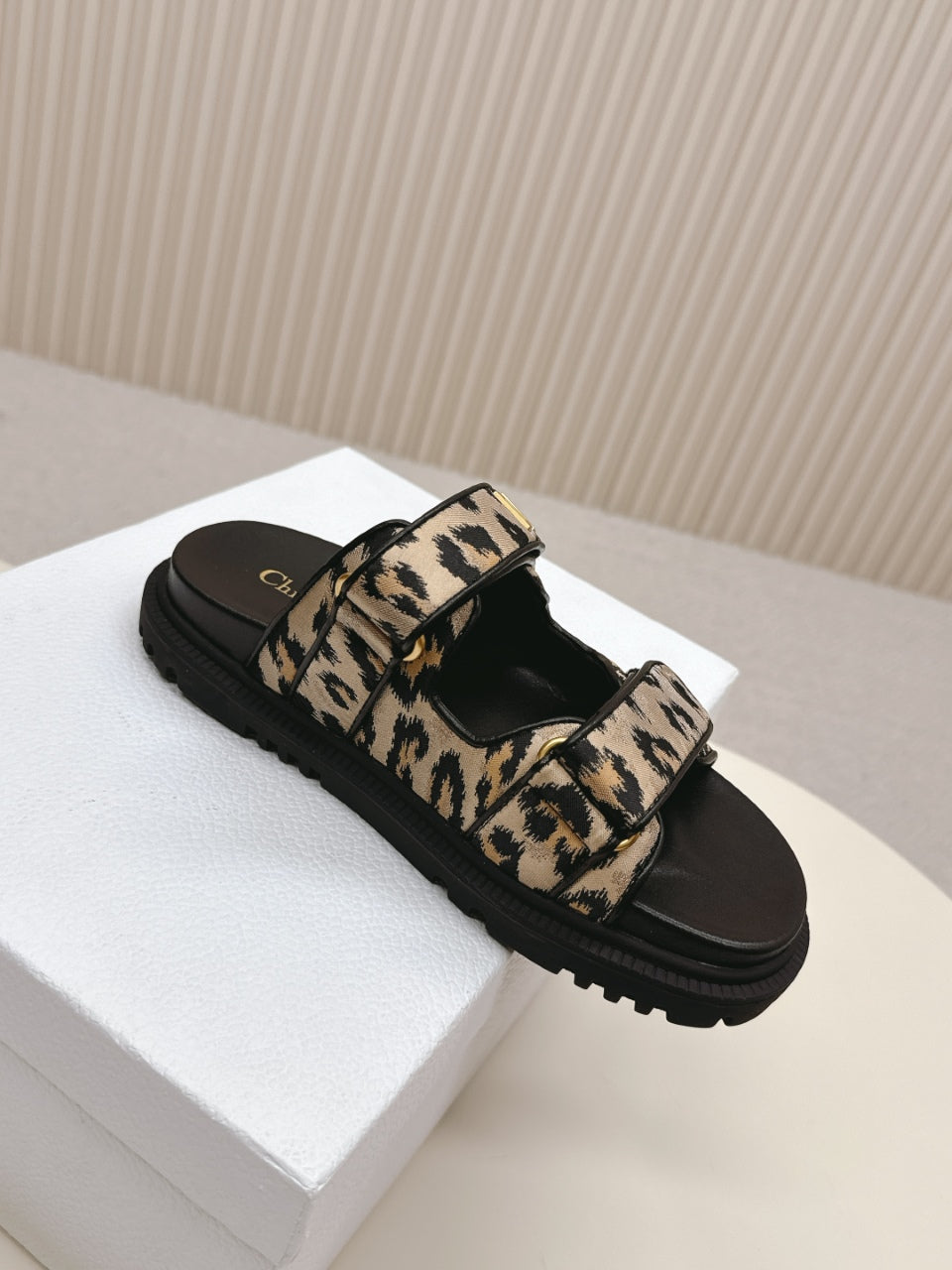DIOR CLASSIC DOUBLE-STRAP SLIDES 25S IN BROWN MIX BLACK FABRIC AND CALFSKIN WITH LEOPARD PRINT - 35