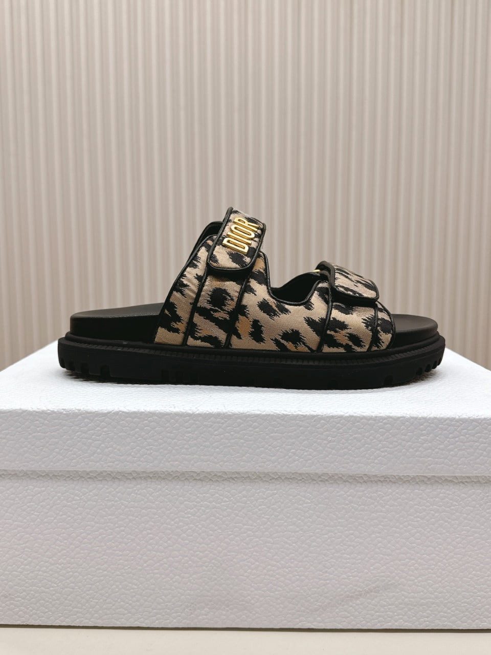 DIOR CLASSIC DOUBLE-STRAP SLIDES 25S IN BROWN MIX BLACK FABRIC AND CALFSKIN WITH LEOPARD PRINT - 35
