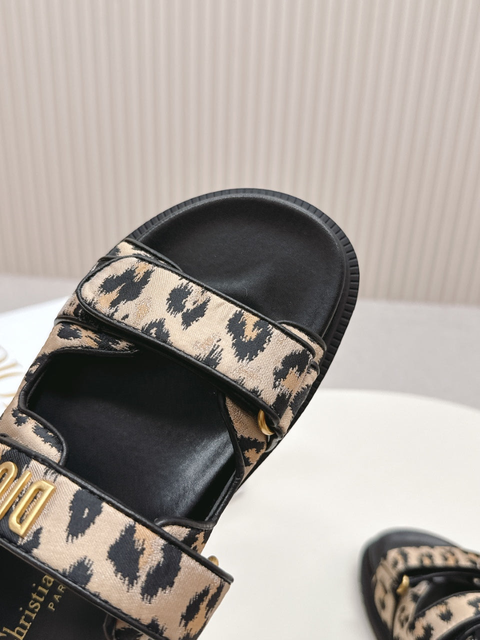 DIOR CLASSIC DOUBLE-STRAP SLIDES 25S IN BROWN MIX BLACK FABRIC AND CALFSKIN WITH LEOPARD PRINT - 35