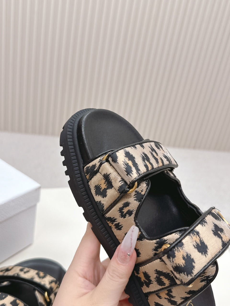 DIOR CLASSIC DOUBLE-STRAP SLIDES 25S IN BROWN MIX BLACK FABRIC AND CALFSKIN WITH LEOPARD PRINT - 35