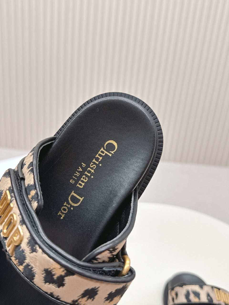 DIOR CLASSIC DOUBLE-STRAP SLIDES 25S IN BROWN MIX BLACK FABRIC AND CALFSKIN WITH LEOPARD PRINT - 35