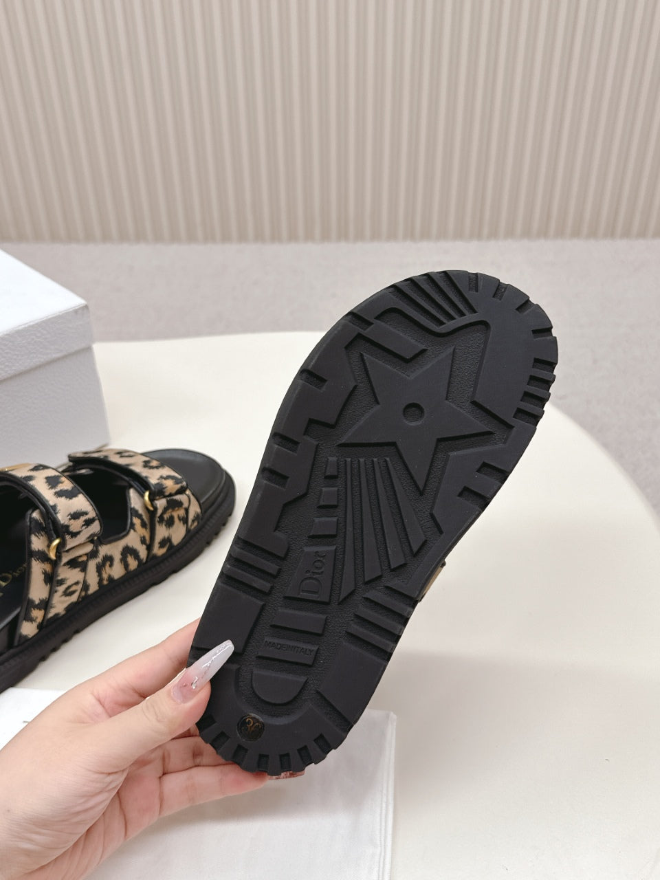DIOR CLASSIC DOUBLE-STRAP SLIDES 25S IN BROWN MIX BLACK FABRIC AND CALFSKIN WITH LEOPARD PRINT - 35