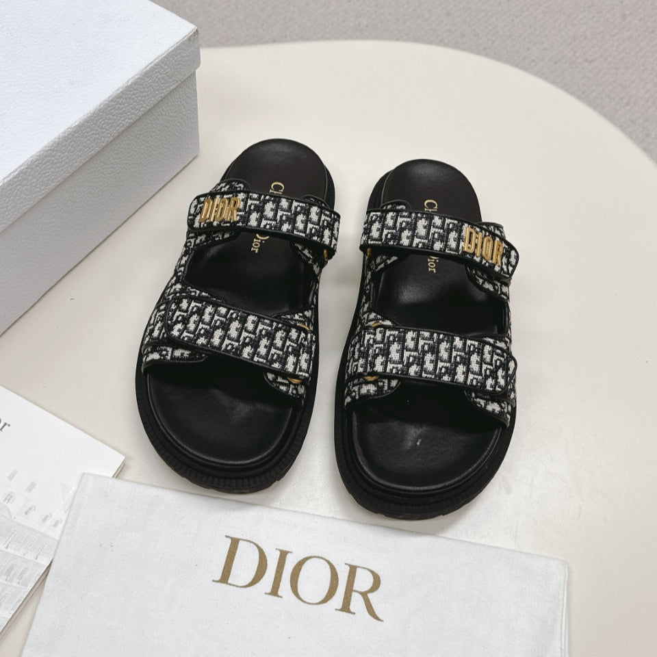 DIOR CLASSIC DOUBLE-STRAP SLIDES 25S IN BLACK FABRIC AND CALFSKIN - 35