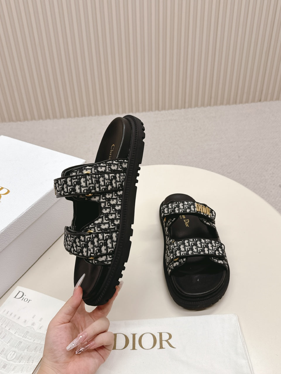 DIOR CLASSIC DOUBLE-STRAP SLIDES 25S IN BLACK FABRIC AND CALFSKIN - 35
