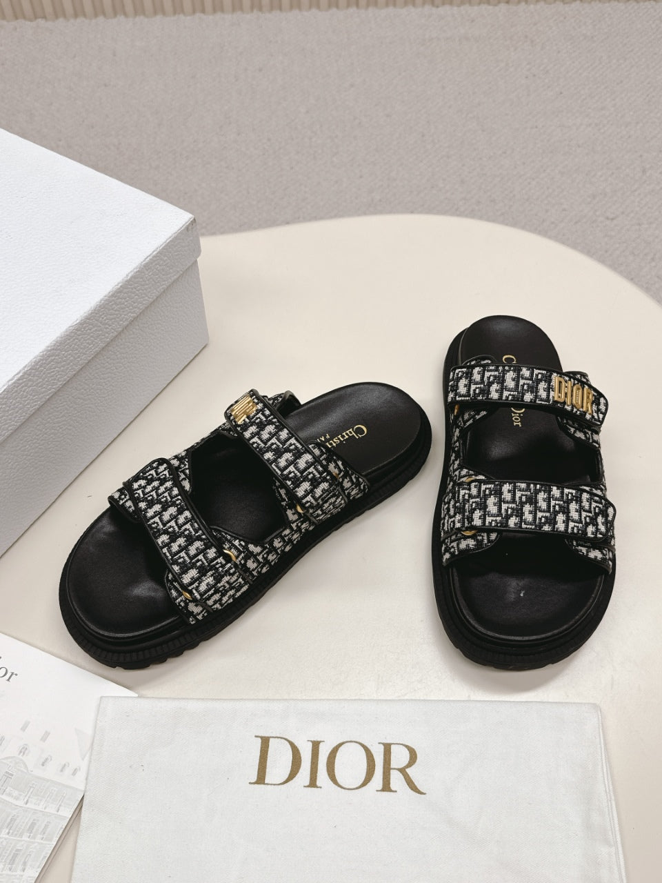 DIOR CLASSIC DOUBLE-STRAP SLIDES 25S IN BLACK FABRIC AND CALFSKIN - 35