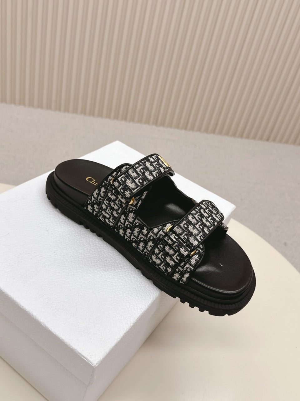 DIOR CLASSIC DOUBLE-STRAP SLIDES 25S IN BLACK FABRIC AND CALFSKIN - 35