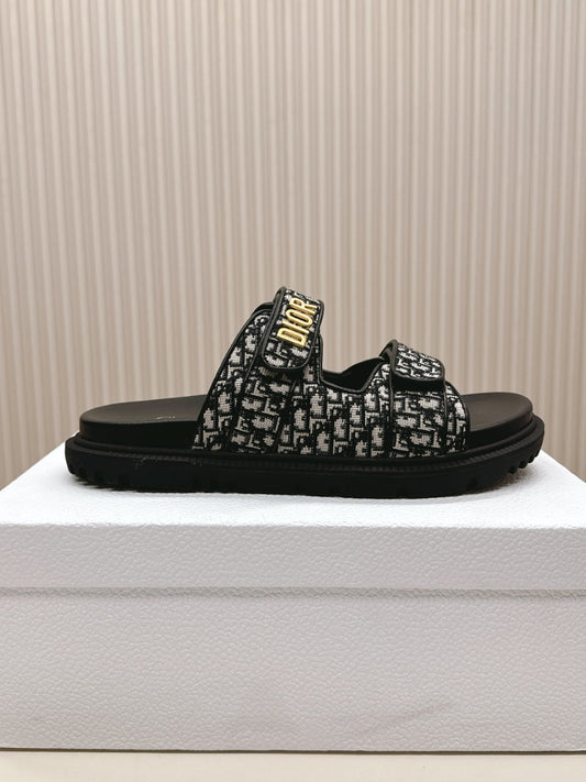 DIOR CLASSIC DOUBLE-STRAP SLIDES 25S IN BLACK FABRIC AND CALFSKIN - 35