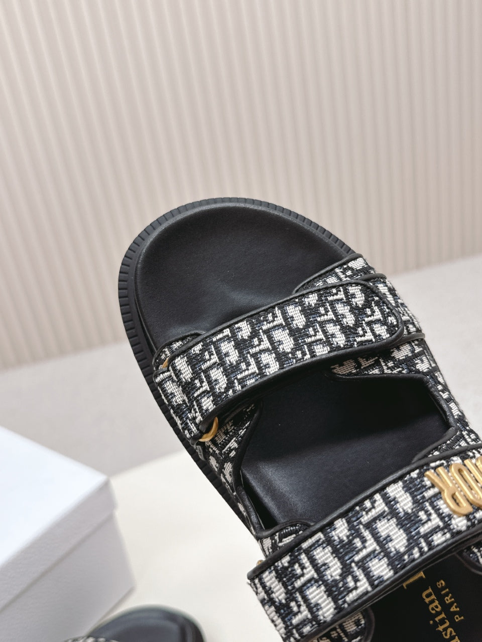 DIOR CLASSIC DOUBLE-STRAP SLIDES 25S IN BLACK FABRIC AND CALFSKIN - 35