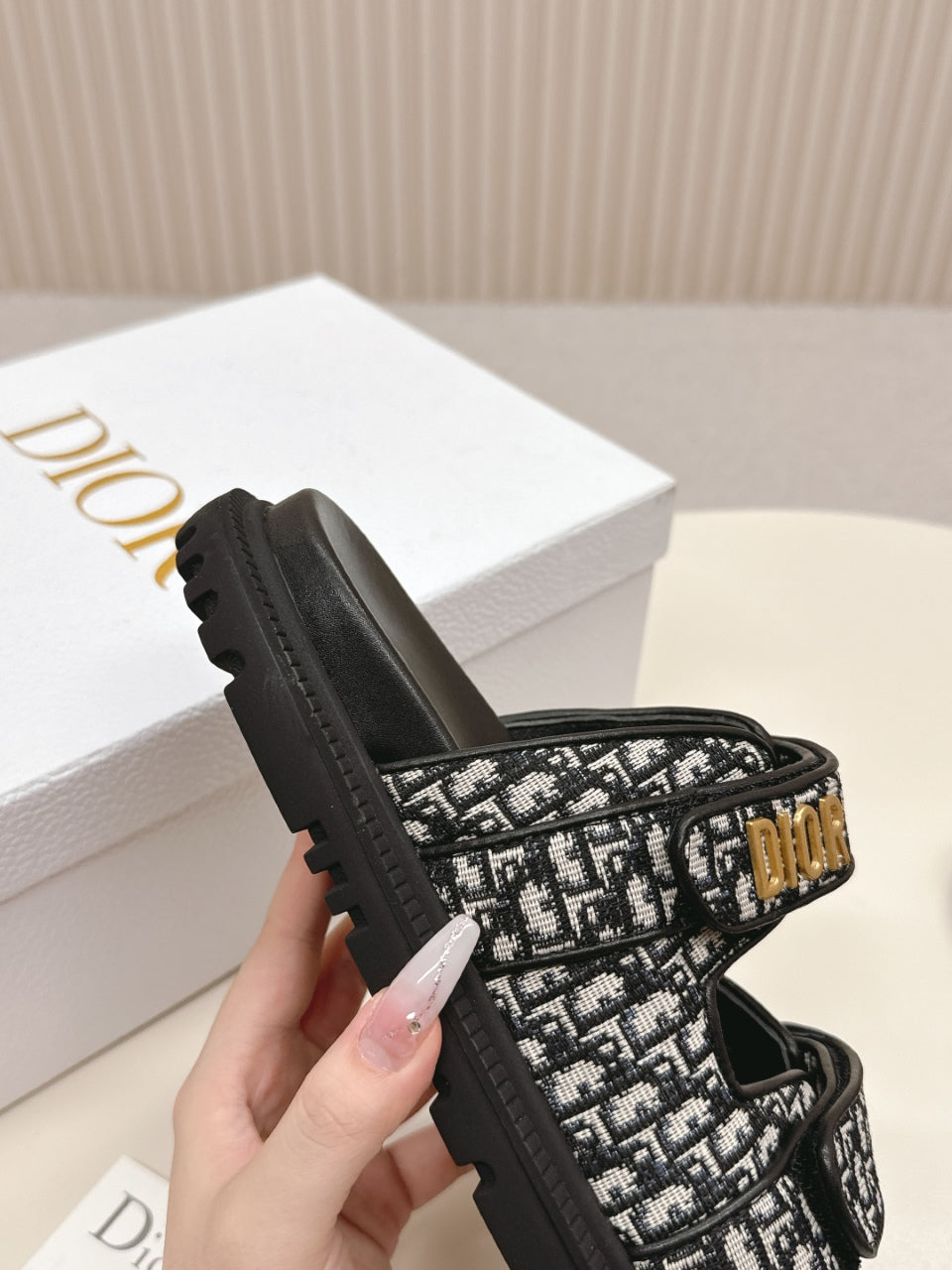 DIOR CLASSIC DOUBLE-STRAP SLIDES 25S IN BLACK FABRIC AND CALFSKIN - 35