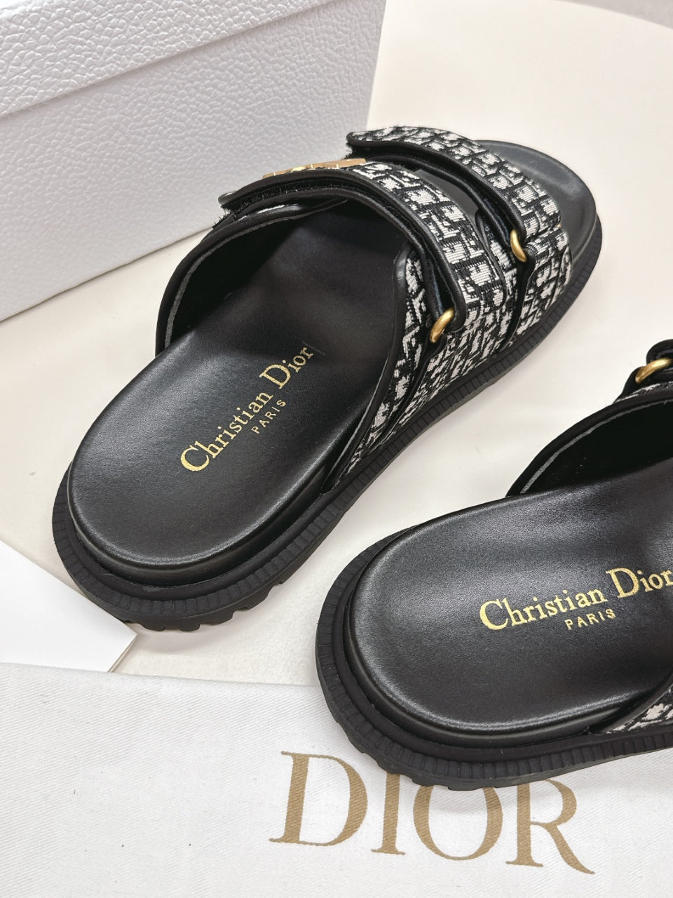 DIOR CLASSIC DOUBLE-STRAP SLIDES 25S IN BLACK FABRIC AND CALFSKIN - 35