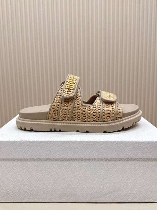 DIOR CLASSIC DOUBLE-STRAP SLIDES 25S IN BEIGE RAFFIA AND TAUPE BEIGE CALFSKIN - 35