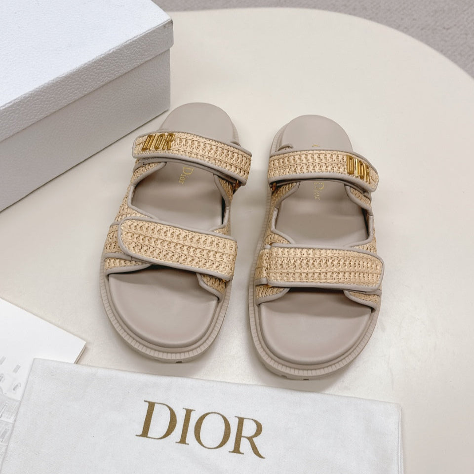 DIOR CLASSIC DOUBLE-STRAP SLIDES 25S IN BEIGE RAFFIA AND TAUPE BEIGE CALFSKIN - 35