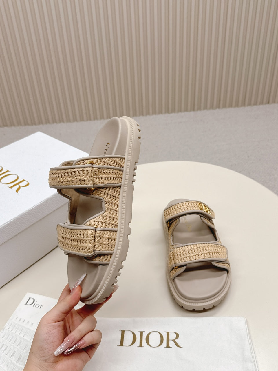 DIOR CLASSIC DOUBLE-STRAP SLIDES 25S IN BEIGE RAFFIA AND TAUPE BEIGE CALFSKIN - 35