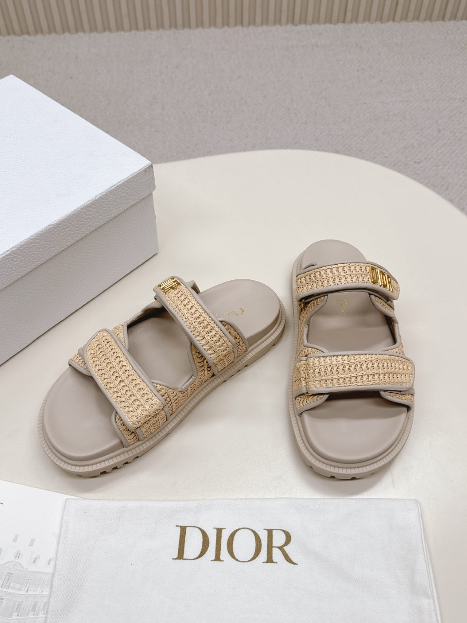 DIOR CLASSIC DOUBLE-STRAP SLIDES 25S IN BEIGE RAFFIA AND TAUPE BEIGE CALFSKIN - 35