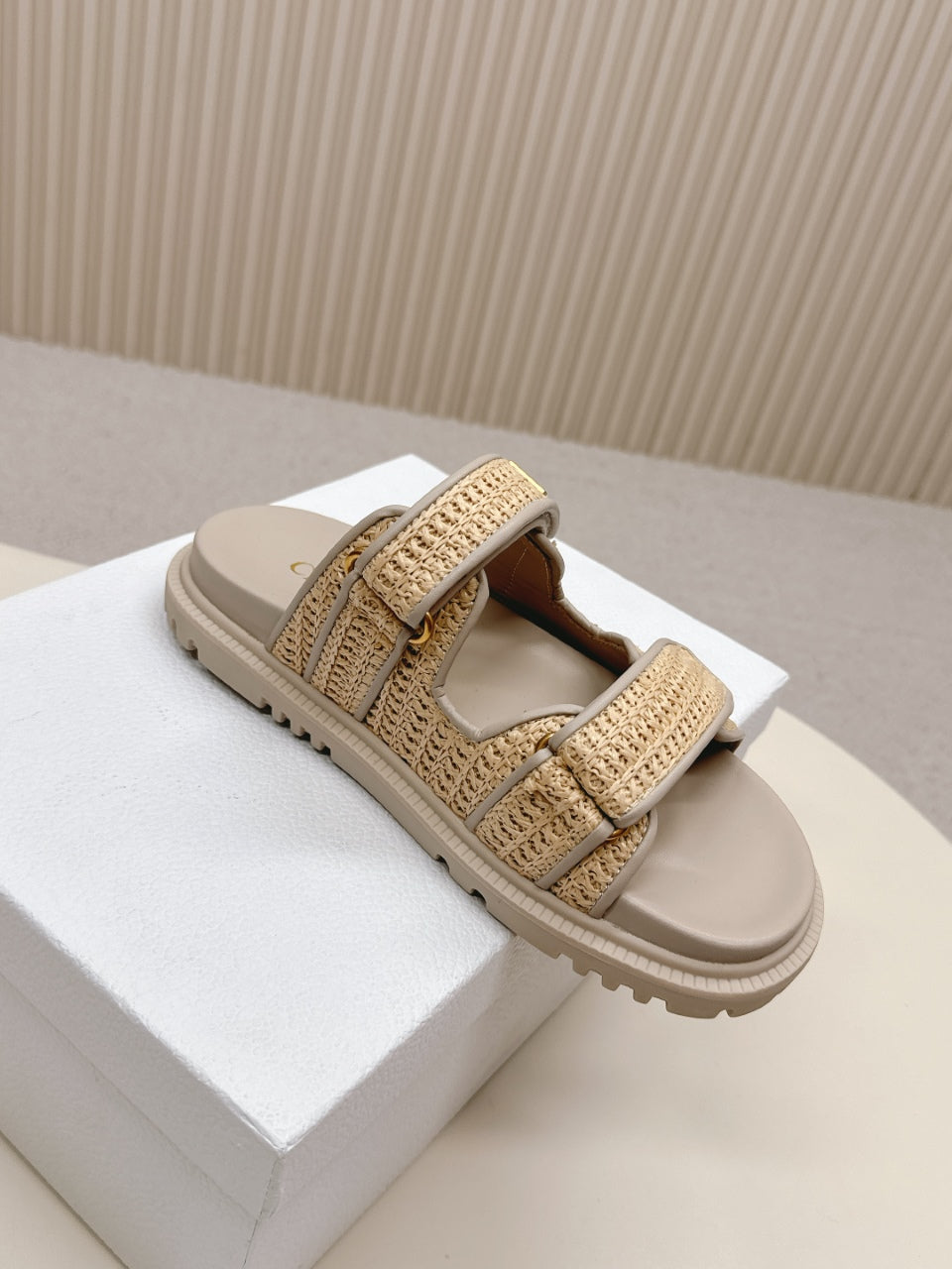 DIOR CLASSIC DOUBLE-STRAP SLIDES 25S IN BEIGE RAFFIA AND TAUPE BEIGE CALFSKIN - 35