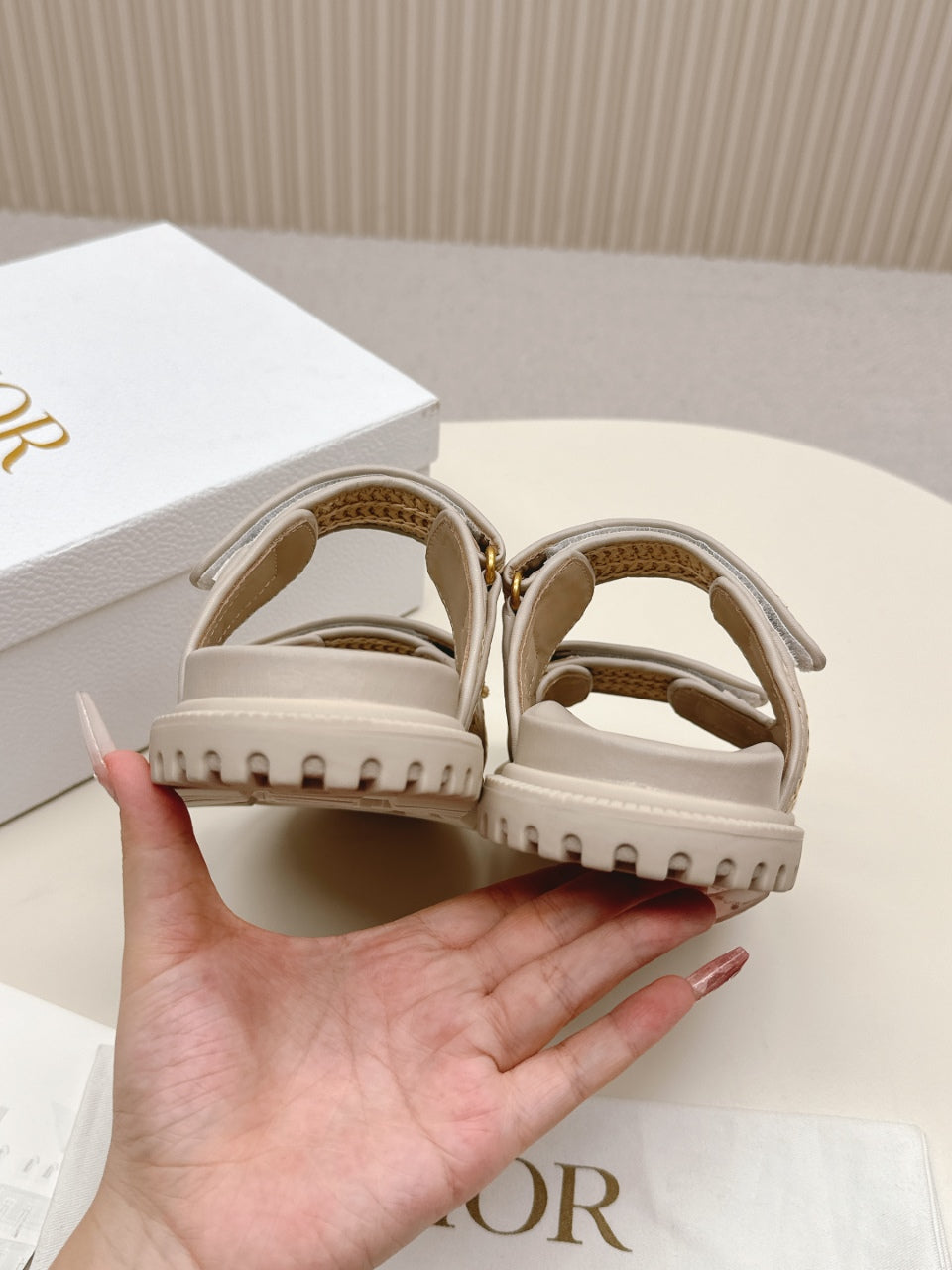 DIOR CLASSIC DOUBLE-STRAP SLIDES 25S IN BEIGE RAFFIA AND TAUPE BEIGE CALFSKIN - 35