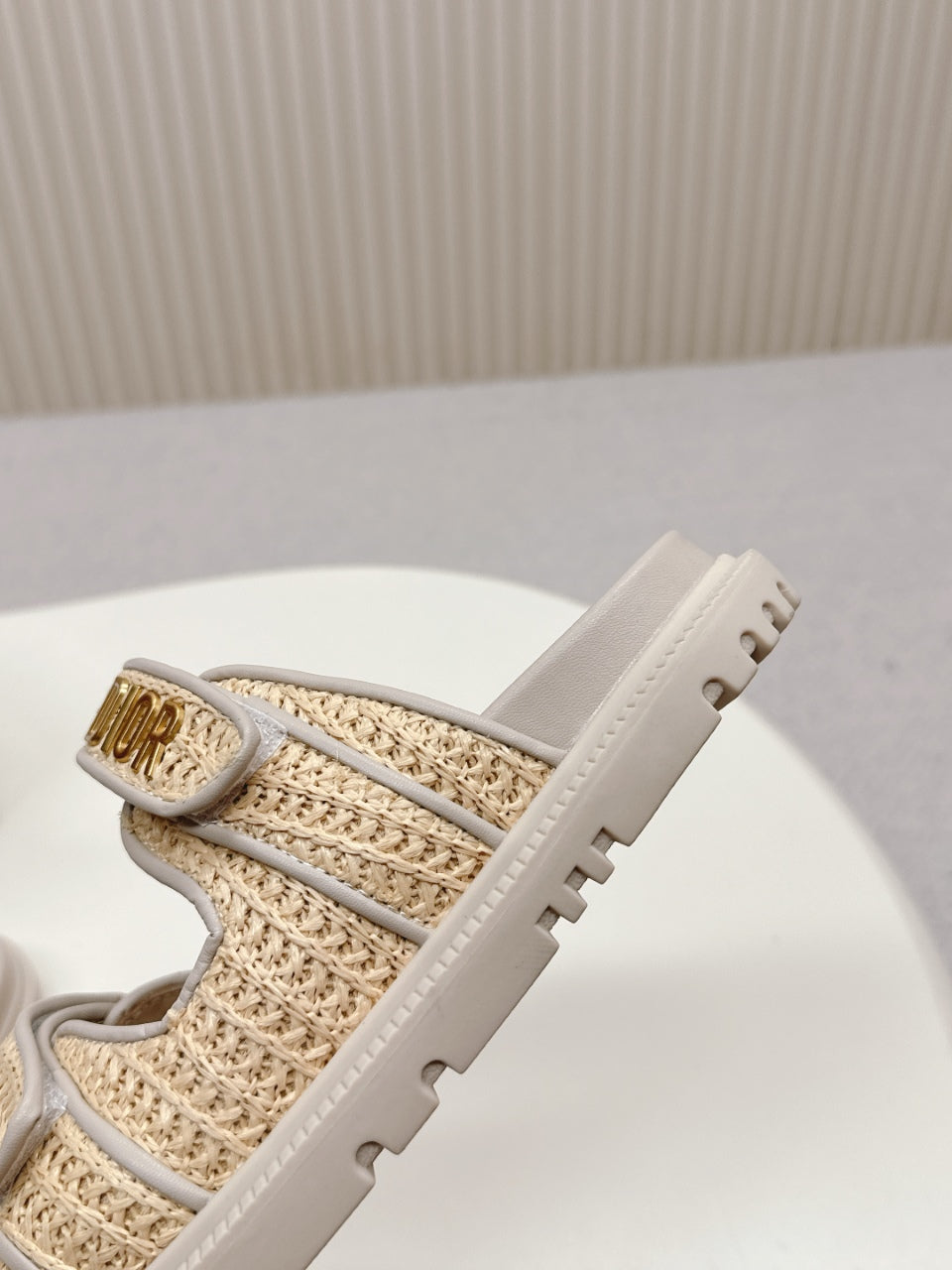DIOR CLASSIC DOUBLE-STRAP SLIDES 25S IN BEIGE RAFFIA AND TAUPE BEIGE CALFSKIN - 35