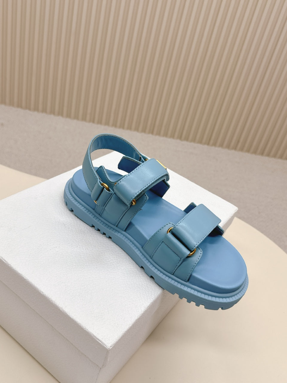 DIOR BACK-STRAP SANDALS 25S IN OCEAN BLUE CALFSKIN WITH GOLD HARDWARE - 35