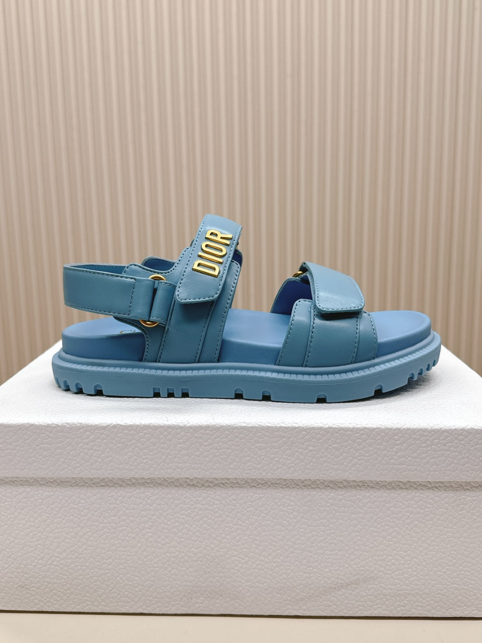 DIOR BACK-STRAP SANDALS 25S IN OCEAN BLUE CALFSKIN WITH GOLD HARDWARE - 35