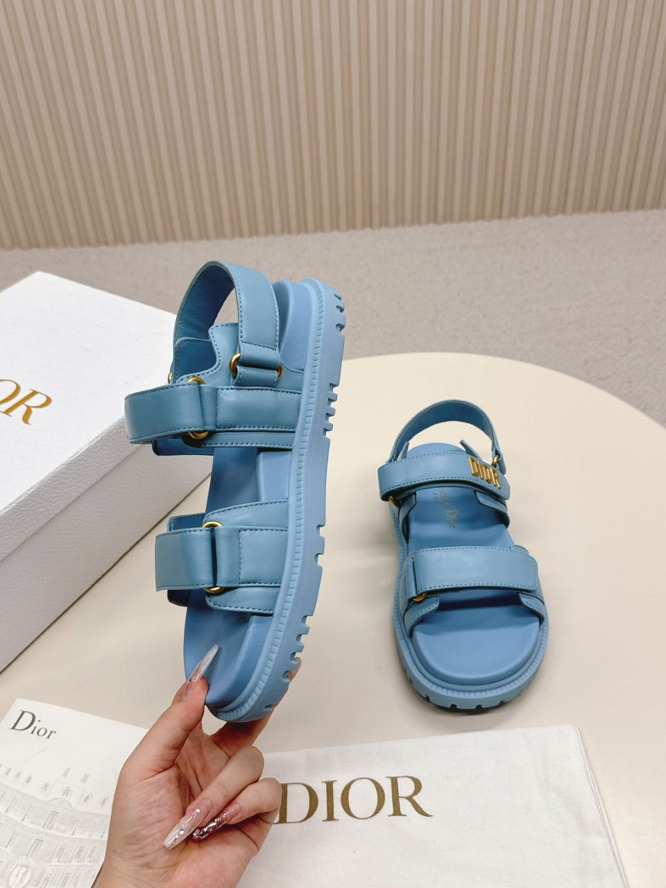 DIOR BACK-STRAP SANDALS 25S IN OCEAN BLUE CALFSKIN WITH GOLD HARDWARE - 35