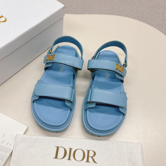 DIOR BACK-STRAP SANDALS 25S IN OCEAN BLUE CALFSKIN WITH GOLD HARDWARE - 35