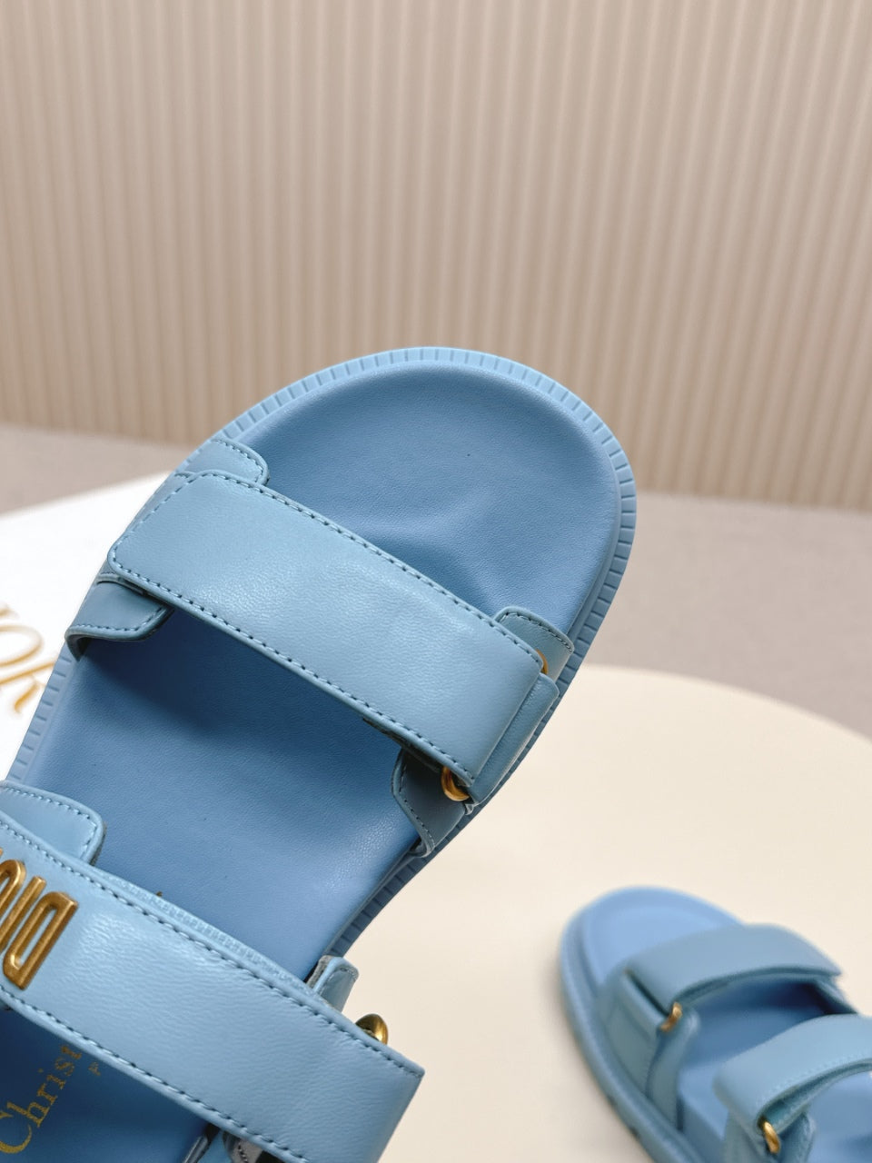 DIOR BACK-STRAP SANDALS 25S IN OCEAN BLUE CALFSKIN WITH GOLD HARDWARE - 35
