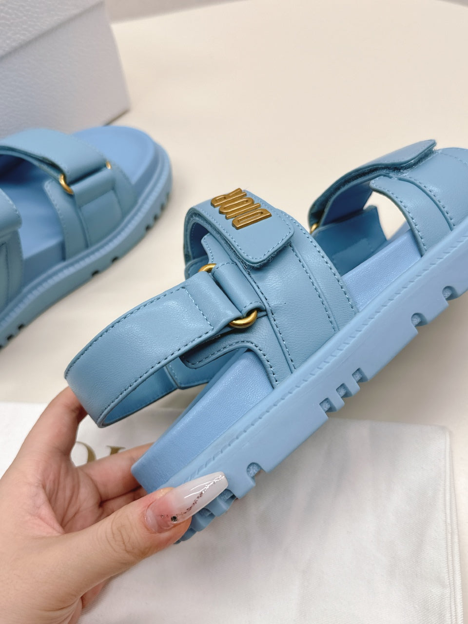 DIOR BACK-STRAP SANDALS 25S IN OCEAN BLUE CALFSKIN WITH GOLD HARDWARE - 35
