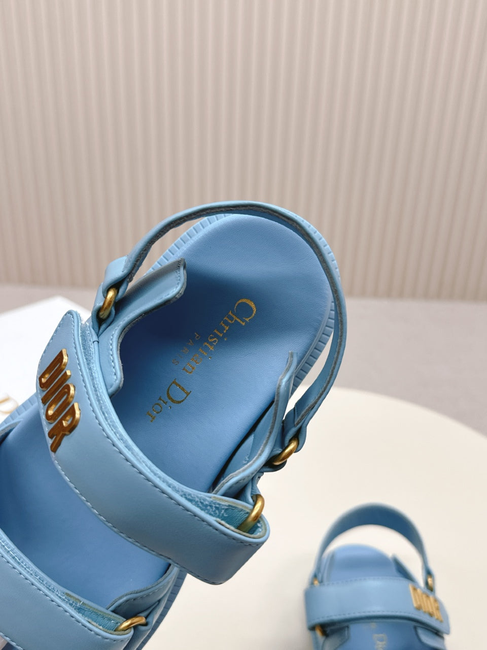 DIOR BACK-STRAP SANDALS 25S IN OCEAN BLUE CALFSKIN WITH GOLD HARDWARE - 35