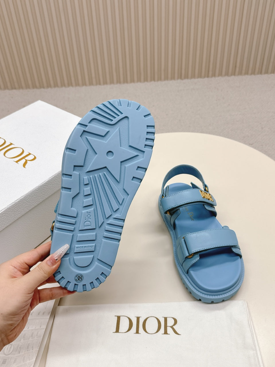 DIOR BACK-STRAP SANDALS 25S IN OCEAN BLUE CALFSKIN WITH GOLD HARDWARE - 35