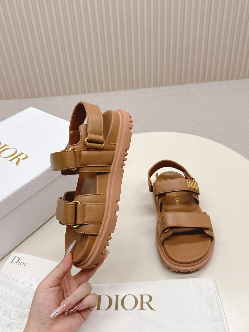 DIOR BACK-STRAP SANDALS 25S IN BROWN CALFSKIN WITH GOLD HARDWARE - 35