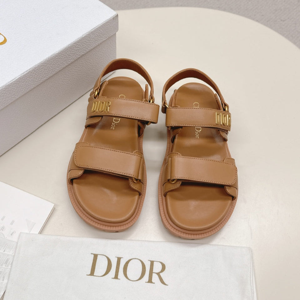 DIOR BACK-STRAP SANDALS 25S IN BROWN CALFSKIN WITH GOLD HARDWARE - 35