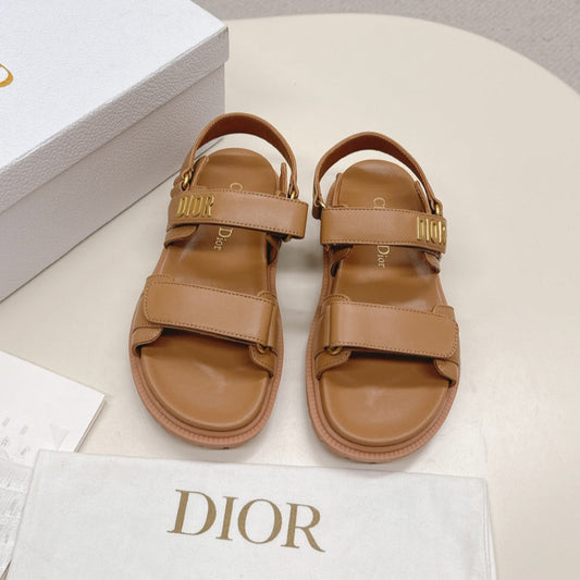 DIOR BACK-STRAP SANDALS 25S IN BROWN CALFSKIN WITH GOLD HARDWARE - 35