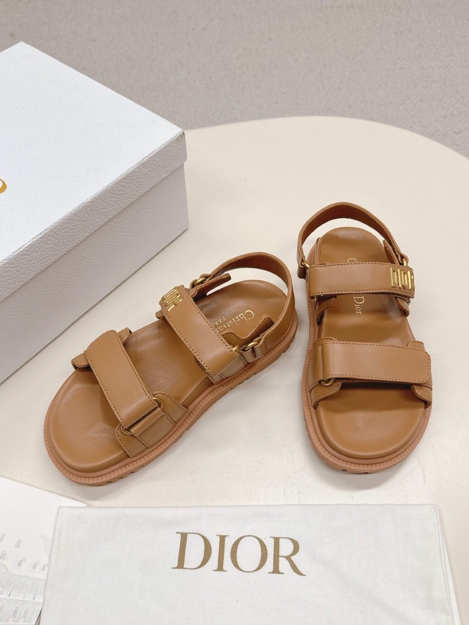 DIOR BACK-STRAP SANDALS 25S IN BROWN CALFSKIN WITH GOLD HARDWARE - 35