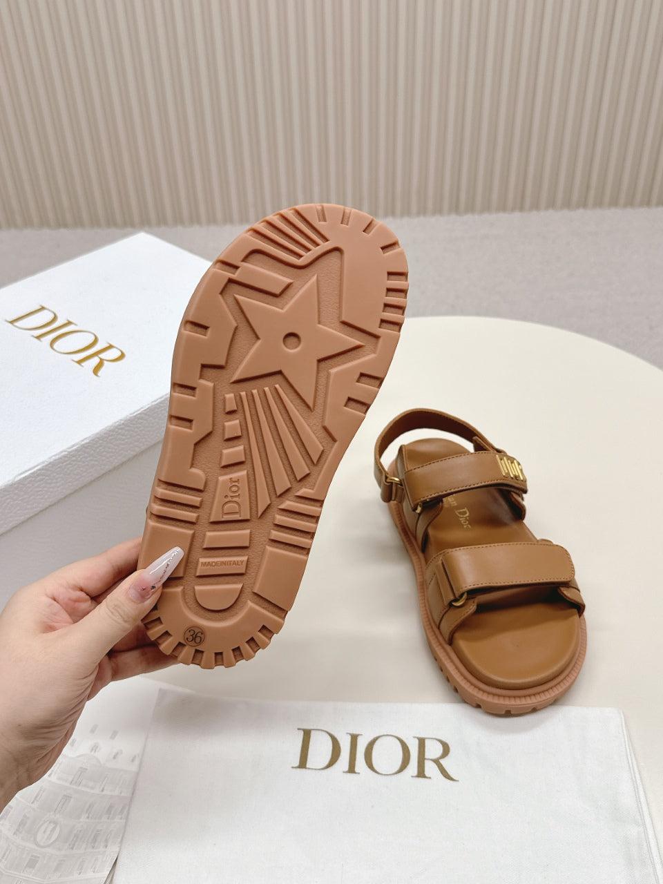 DIOR BACK-STRAP SANDALS 25S IN BROWN CALFSKIN WITH GOLD HARDWARE - 35