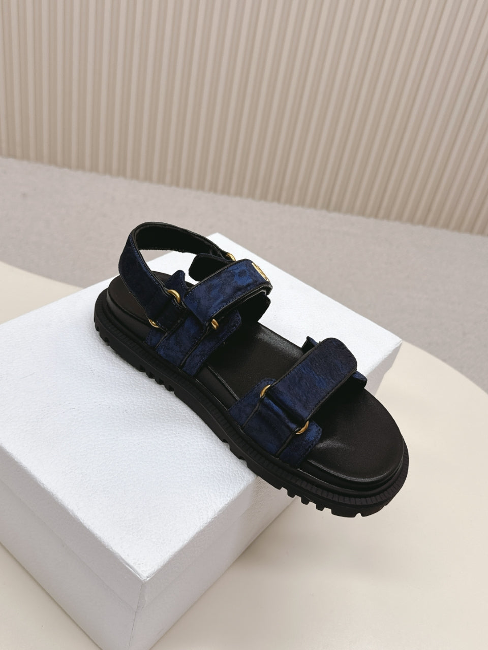 DIOR BACK-STRAP SANDALS 25S IN MIDNIGHT BLUE FABRIC AND BLACK CALFSKIN WITH GOLD HARDWARE - 35