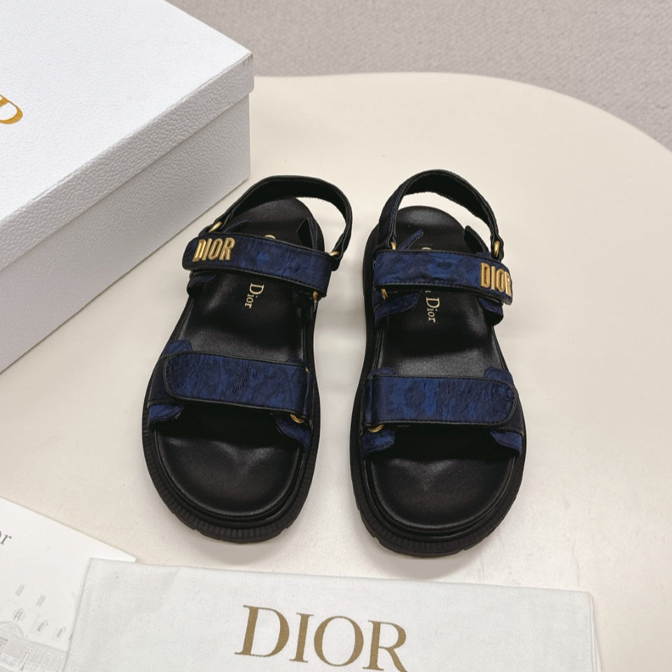 DIOR BACK-STRAP SANDALS 25S IN MIDNIGHT BLUE FABRIC AND BLACK CALFSKIN WITH GOLD HARDWARE - 35