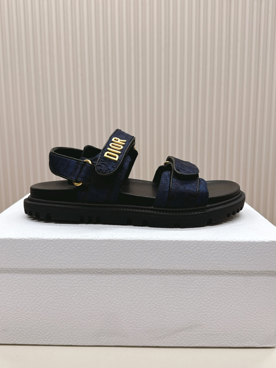 DIOR BACK-STRAP SANDALS 25S IN MIDNIGHT BLUE FABRIC AND BLACK CALFSKIN WITH GOLD HARDWARE - 35