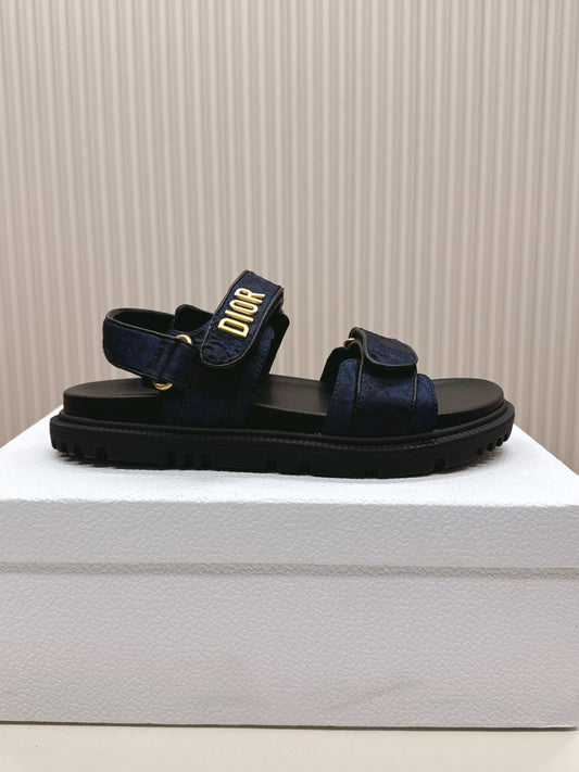 DIOR BACK-STRAP SANDALS 25S IN MIDNIGHT BLUE FABRIC AND BLACK CALFSKIN WITH GOLD HARDWARE - 35