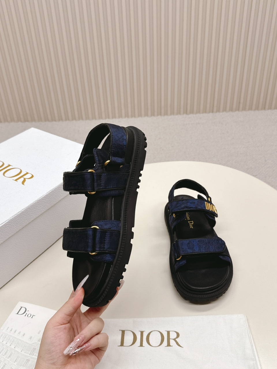 DIOR BACK-STRAP SANDALS 25S IN MIDNIGHT BLUE FABRIC AND BLACK CALFSKIN WITH GOLD HARDWARE - 35