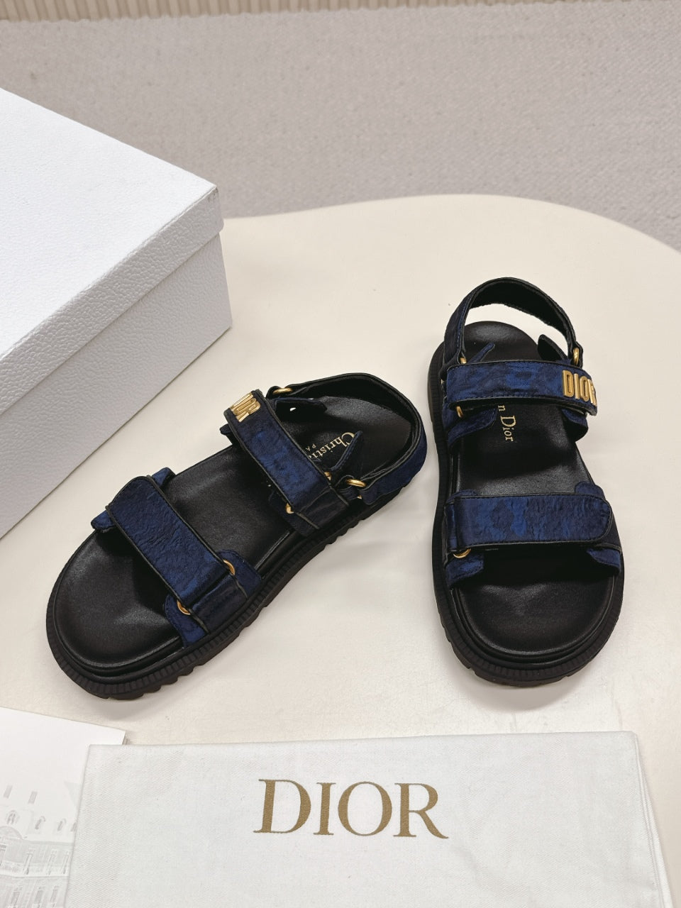 DIOR BACK-STRAP SANDALS 25S IN MIDNIGHT BLUE FABRIC AND BLACK CALFSKIN WITH GOLD HARDWARE - 35