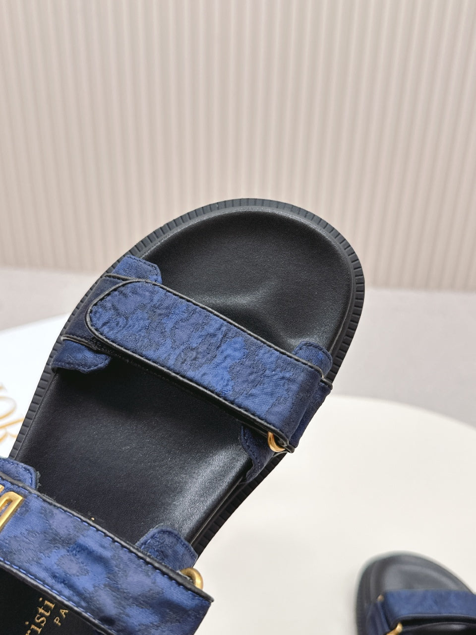 DIOR BACK-STRAP SANDALS 25S IN MIDNIGHT BLUE FABRIC AND BLACK CALFSKIN WITH GOLD HARDWARE - 35