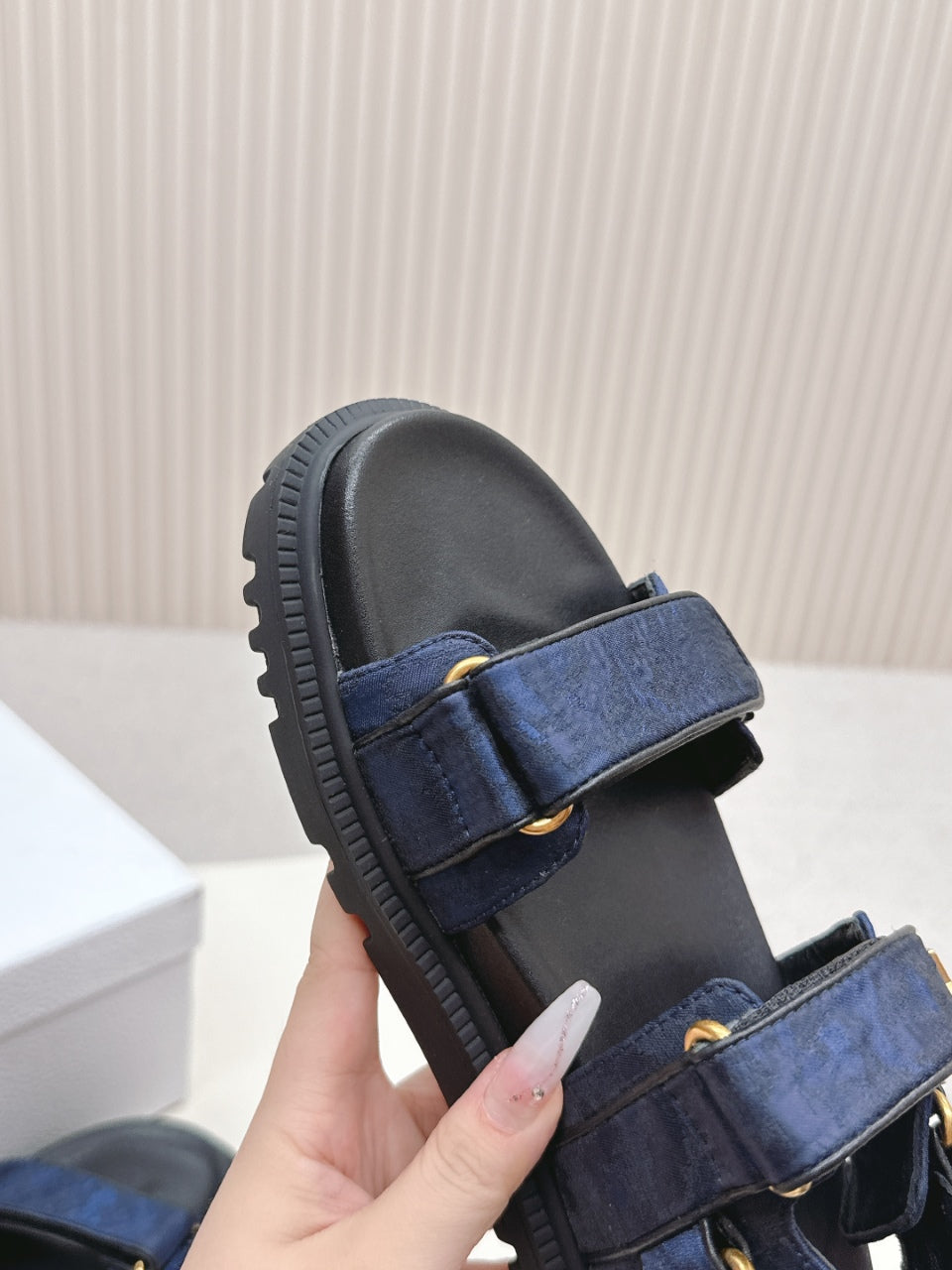 DIOR BACK-STRAP SANDALS 25S IN MIDNIGHT BLUE FABRIC AND BLACK CALFSKIN WITH GOLD HARDWARE - 35