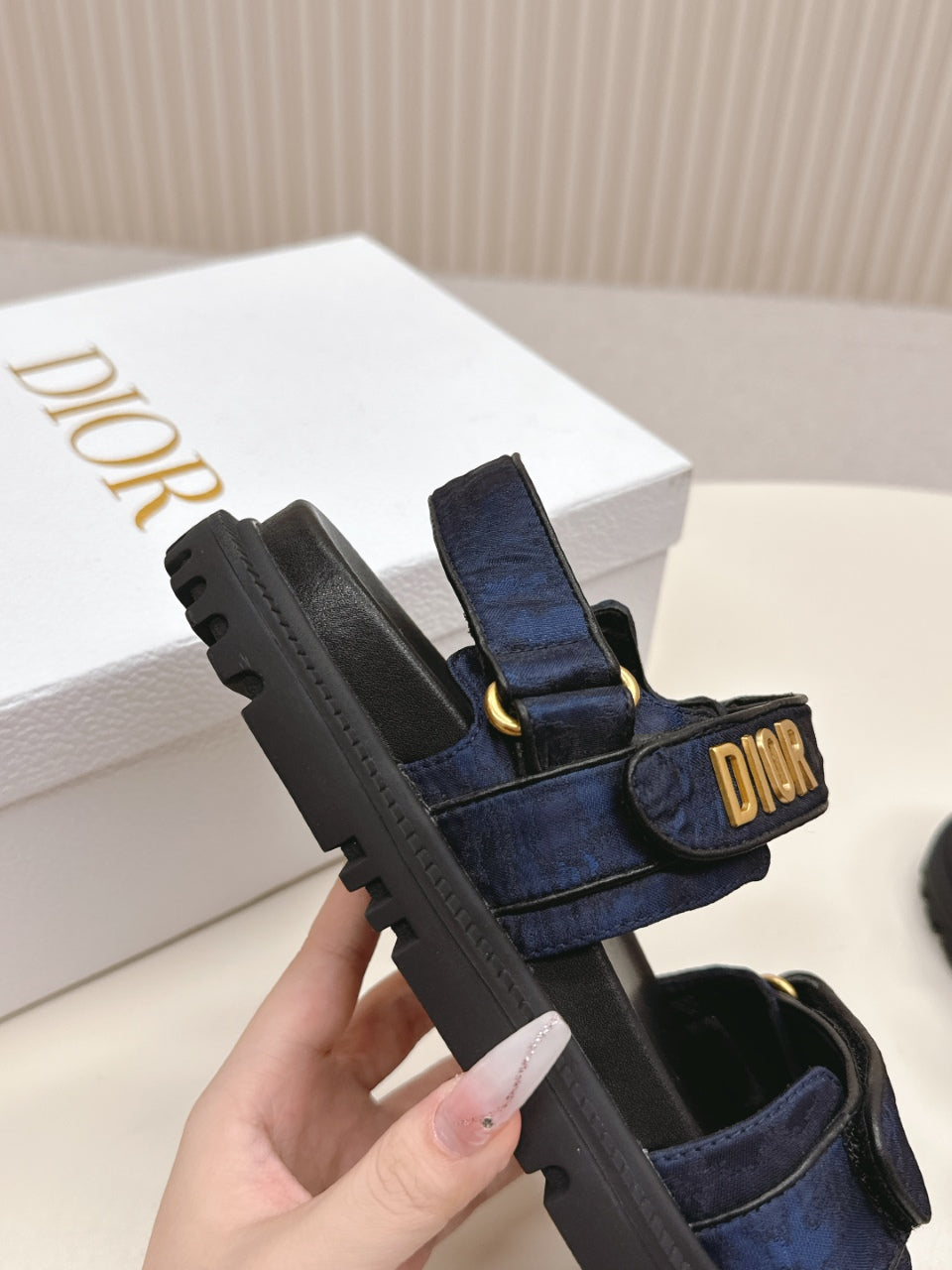 DIOR BACK-STRAP SANDALS 25S IN MIDNIGHT BLUE FABRIC AND BLACK CALFSKIN WITH GOLD HARDWARE - 35
