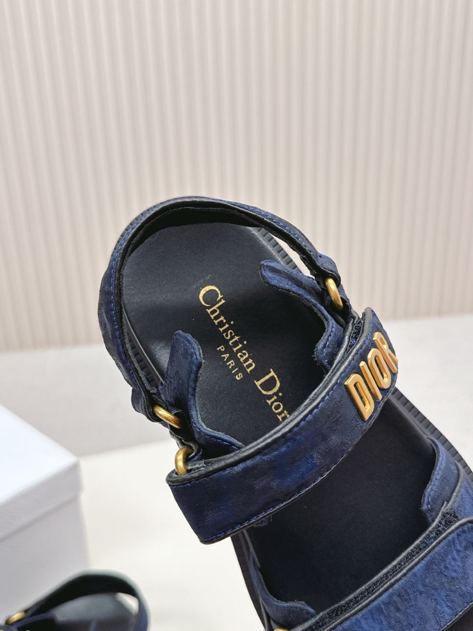 DIOR BACK-STRAP SANDALS 25S IN MIDNIGHT BLUE FABRIC AND BLACK CALFSKIN WITH GOLD HARDWARE - 35
