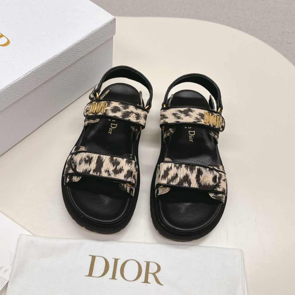 DIOR BACK-STRAP SANDALS 25S IN BLACK MIX LEOPARD PRINT FABRIC AND CALFSKIN WITH GOLD HARDWARE - 35