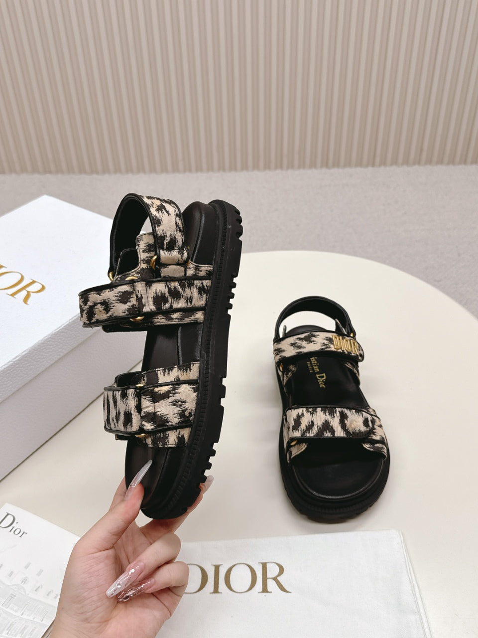 DIOR BACK-STRAP SANDALS 25S IN BLACK MIX LEOPARD PRINT FABRIC AND CALFSKIN WITH GOLD HARDWARE - 35