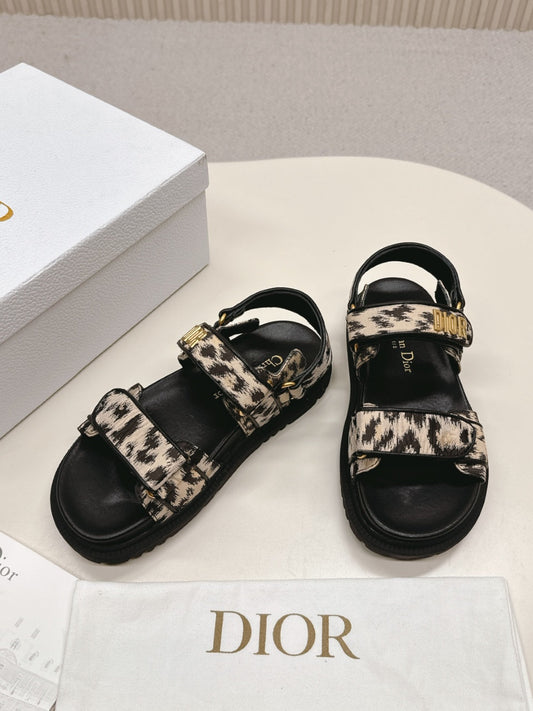 DIOR BACK-STRAP SANDALS 25S IN BLACK MIX LEOPARD PRINT FABRIC AND CALFSKIN WITH GOLD HARDWARE - 35