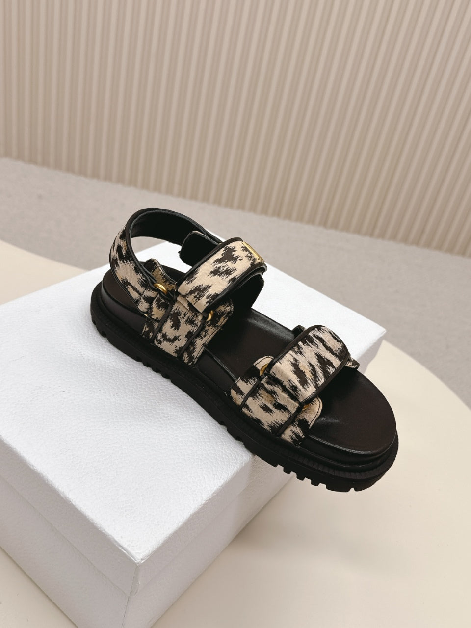 DIOR BACK-STRAP SANDALS 25S IN BLACK MIX LEOPARD PRINT FABRIC AND CALFSKIN WITH GOLD HARDWARE - 35