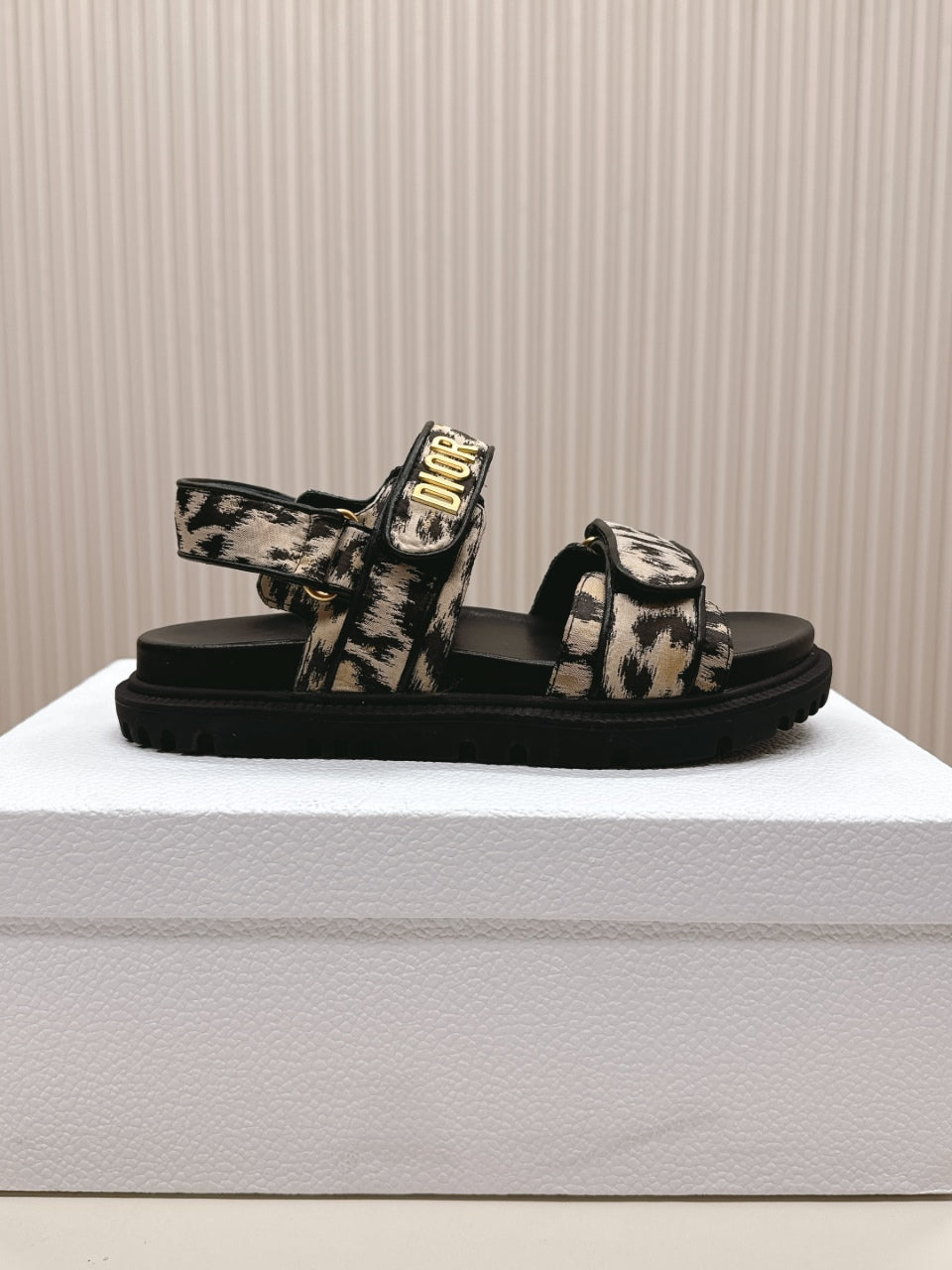 DIOR BACK-STRAP SANDALS 25S IN BLACK MIX LEOPARD PRINT FABRIC AND CALFSKIN WITH GOLD HARDWARE - 35